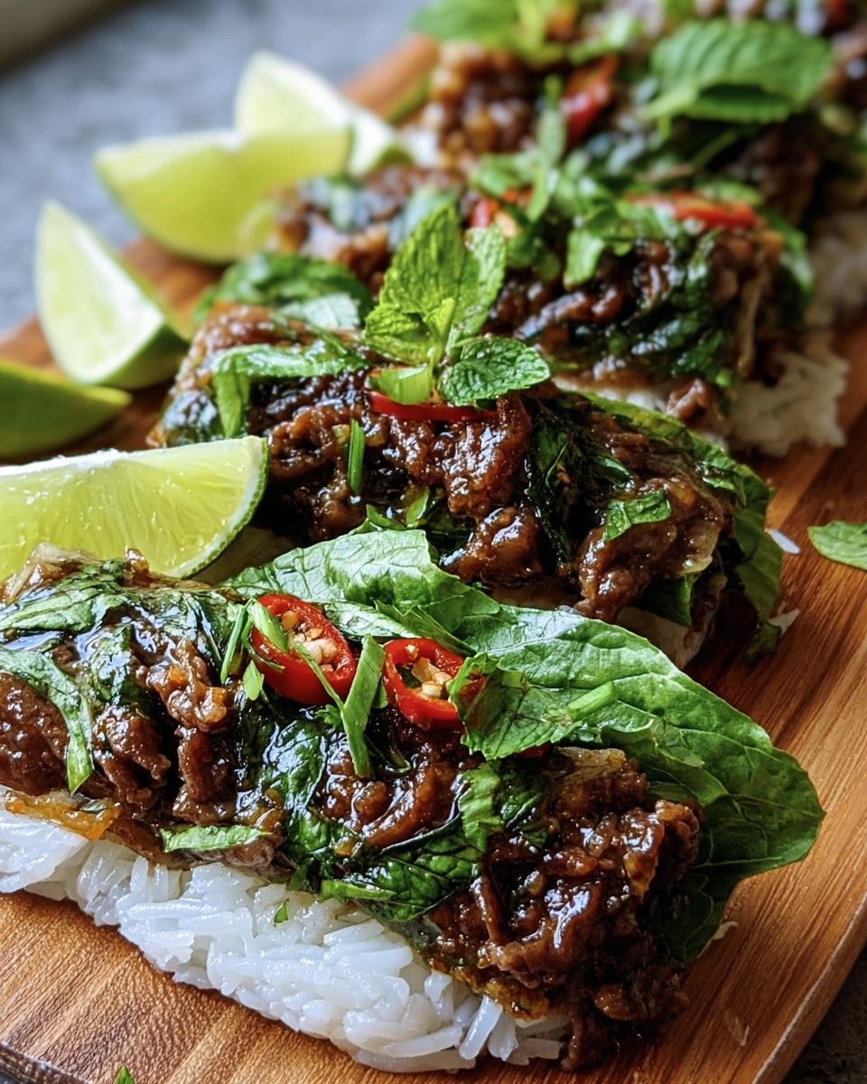 Close-up of Thai Basil Beef Rolls on a wooden board, garnished with lime and fresh herbs.