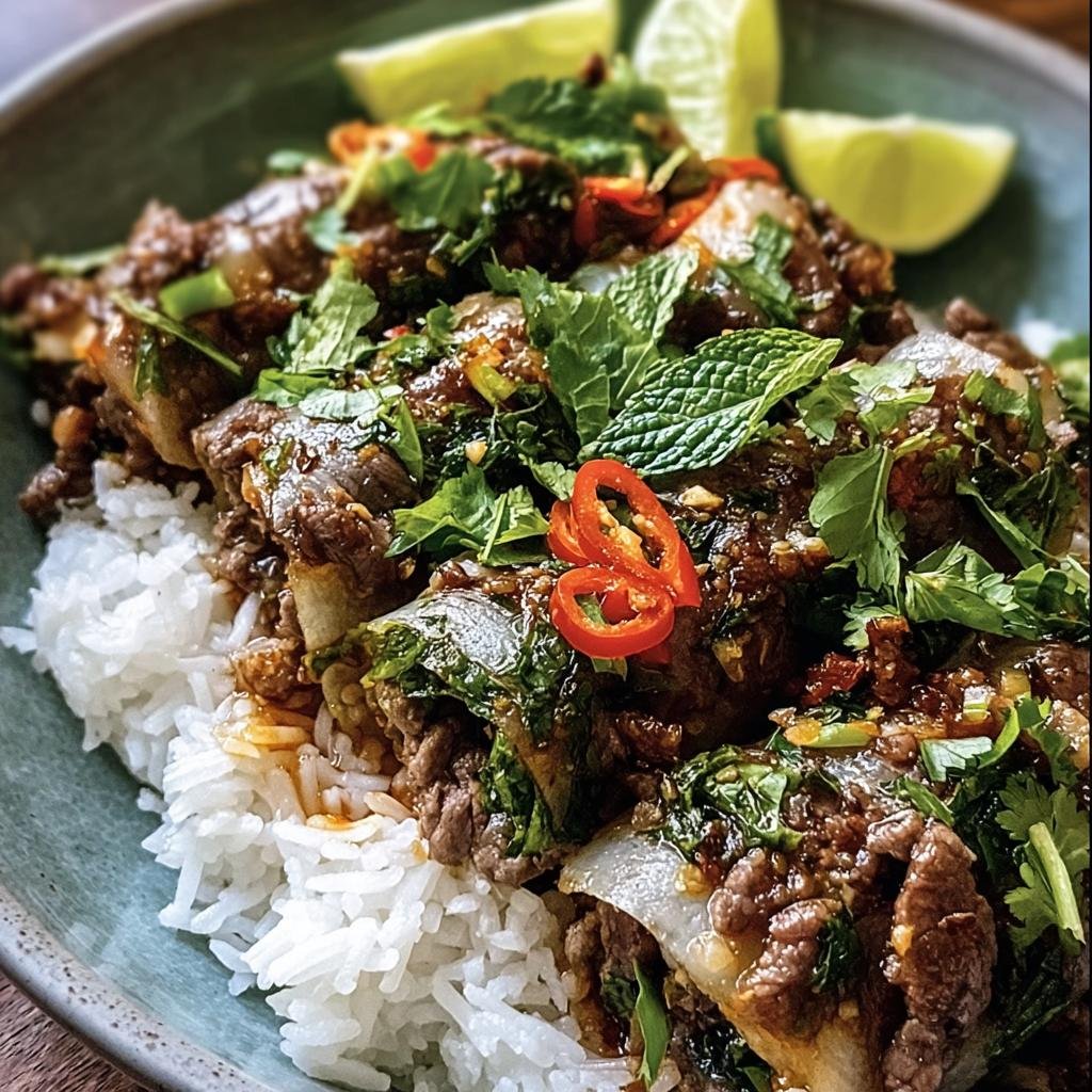 Close-up of Thai Basil Beef Rolls served over rice, garnished with fresh herbs and lime wedges.