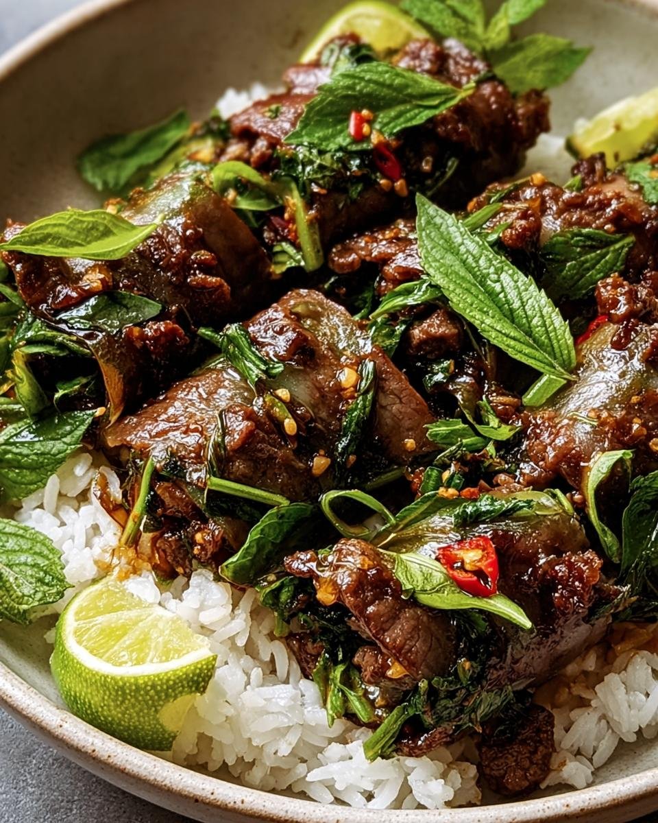 Close-up of Thai Basil Beef Rolls served over white rice, garnished with fresh basil, chili peppers, and lime wedges.