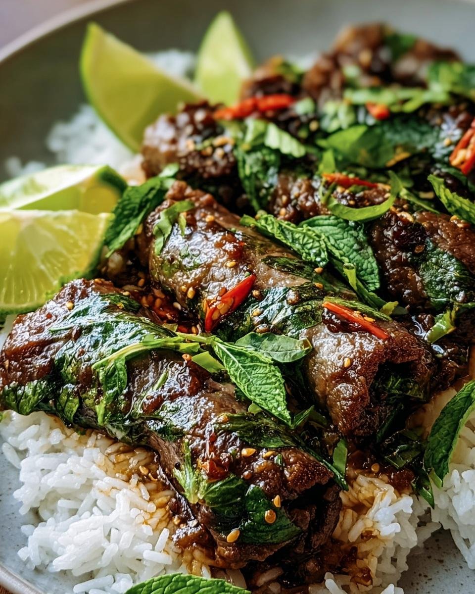 Close-up of Thai Basil Beef Rolls served over white rice, garnished with lime and chili peppers.