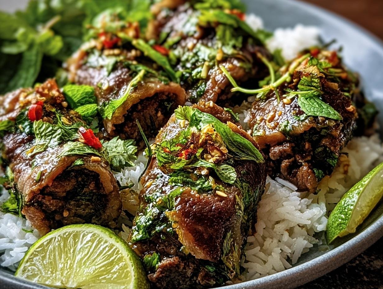 Close-up of Thai Basil Beef Rolls served over rice, garnished with fresh herbs and lime wedges.