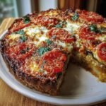 A freshly baked Tomato and Eggplant Pie with a slice cut out, showing layers of vegetables and cheese.