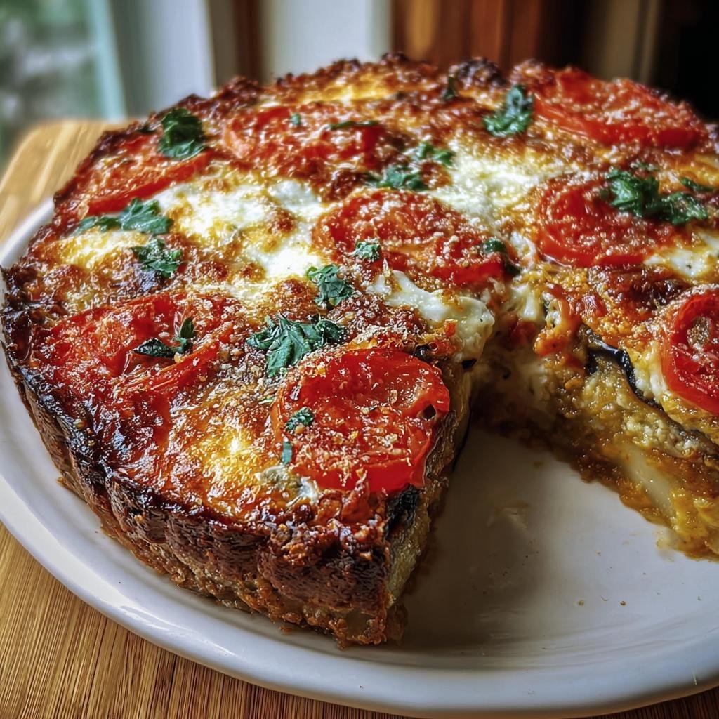 A freshly baked Tomato and Eggplant Pie with a slice cut out, showing layers of vegetables and cheese.