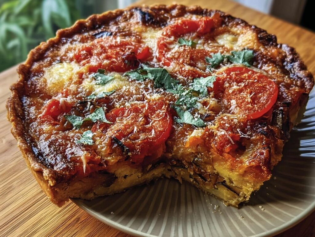 A fresh Tomato and Eggplant Pie with a slice cut out, showcasing the layers of eggplant and tomato.