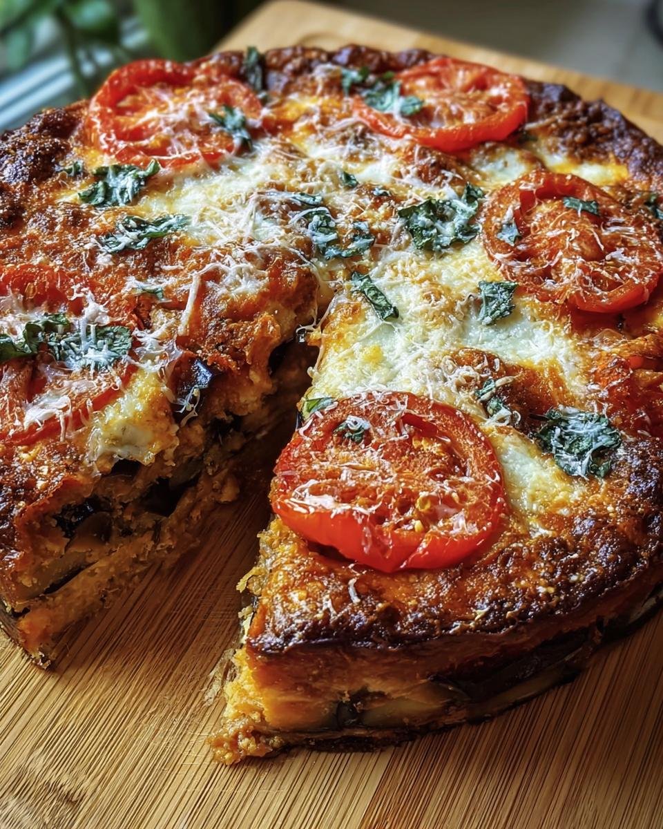 A freshly baked Tomato and Eggplant Pie with a slice cut out, showing layers of eggplant and tomato.