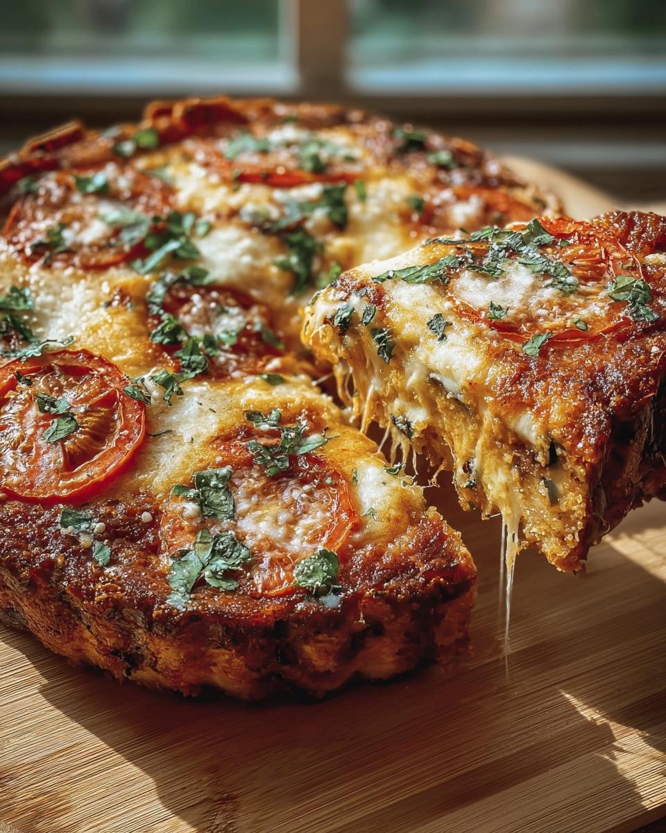 A slice being taken from a cheesy Tomato and Eggplant Pie, showing the layers and melted cheese.