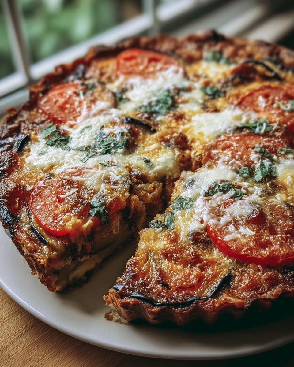 A freshly baked Tomato and Eggplant Pie with a slice cut out, showcasing the layers of vegetables and cheese.