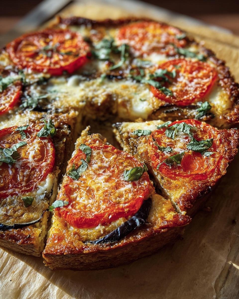 A freshly baked Tomato and Eggplant Pie, sliced and garnished with basil, ready to serve.