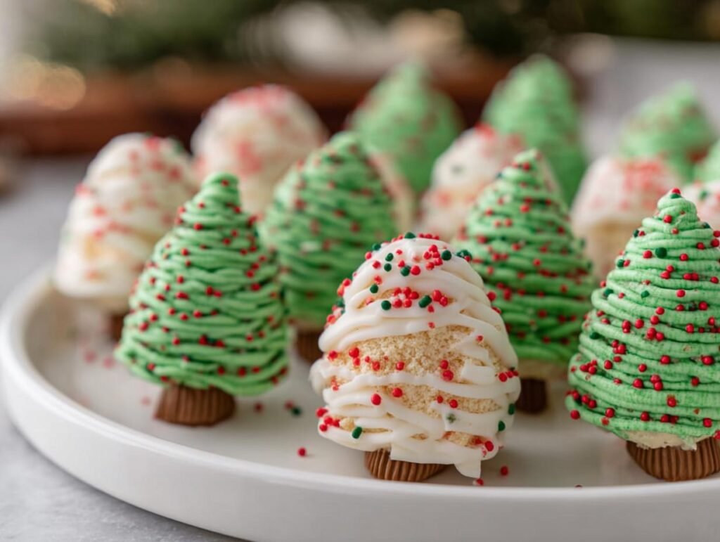 A platter of homemade Tree Cake Truffles, decorated as Christmas trees with green and white frosting and red and green sprinkles.