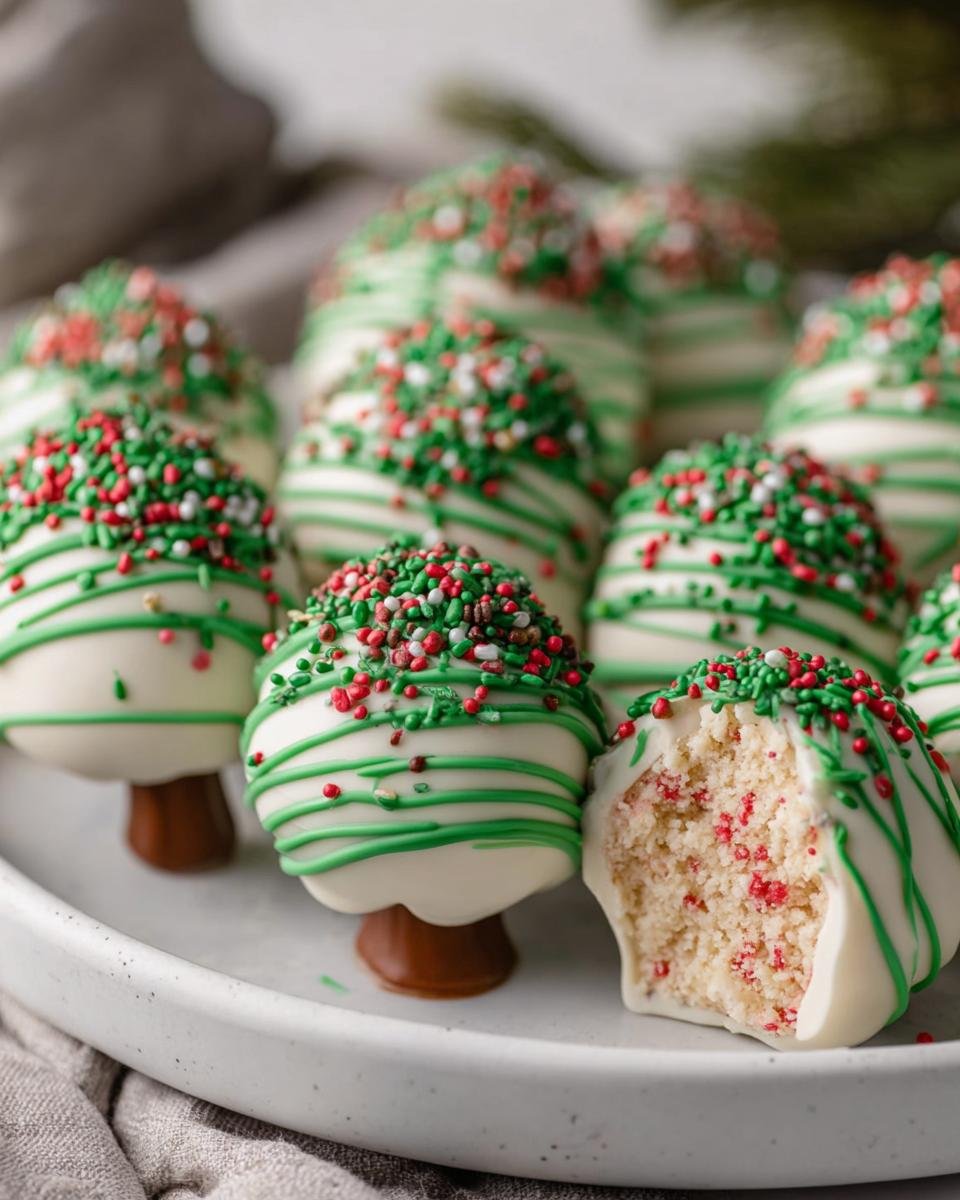 A batch of decorated Tree Cake Truffles with white chocolate, green drizzle, and festive sprinkles on a plate. One truffle is halved.