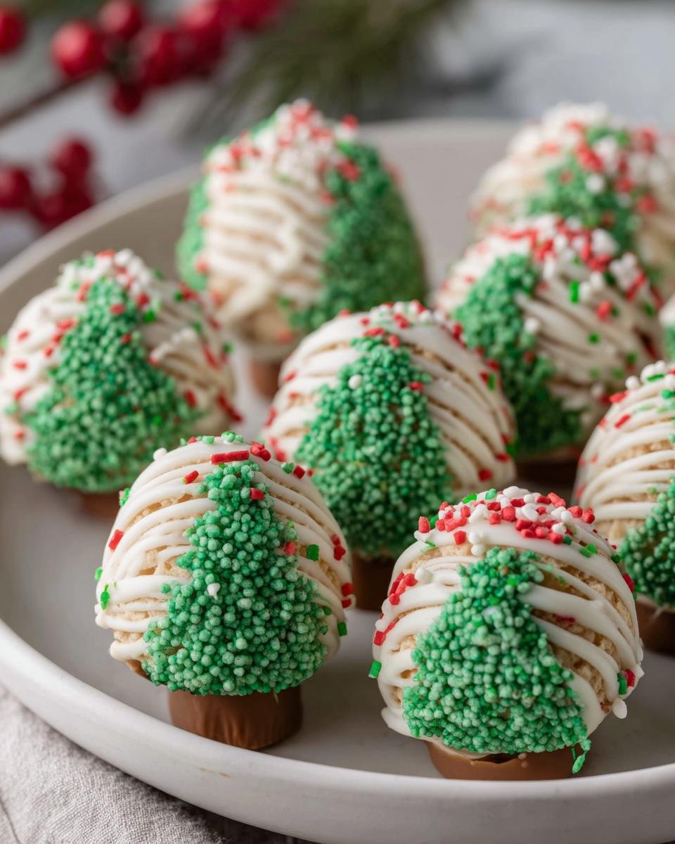 Close-up of homemade Tree Cake Truffles decorated with green sprinkles and white chocolate drizzle.