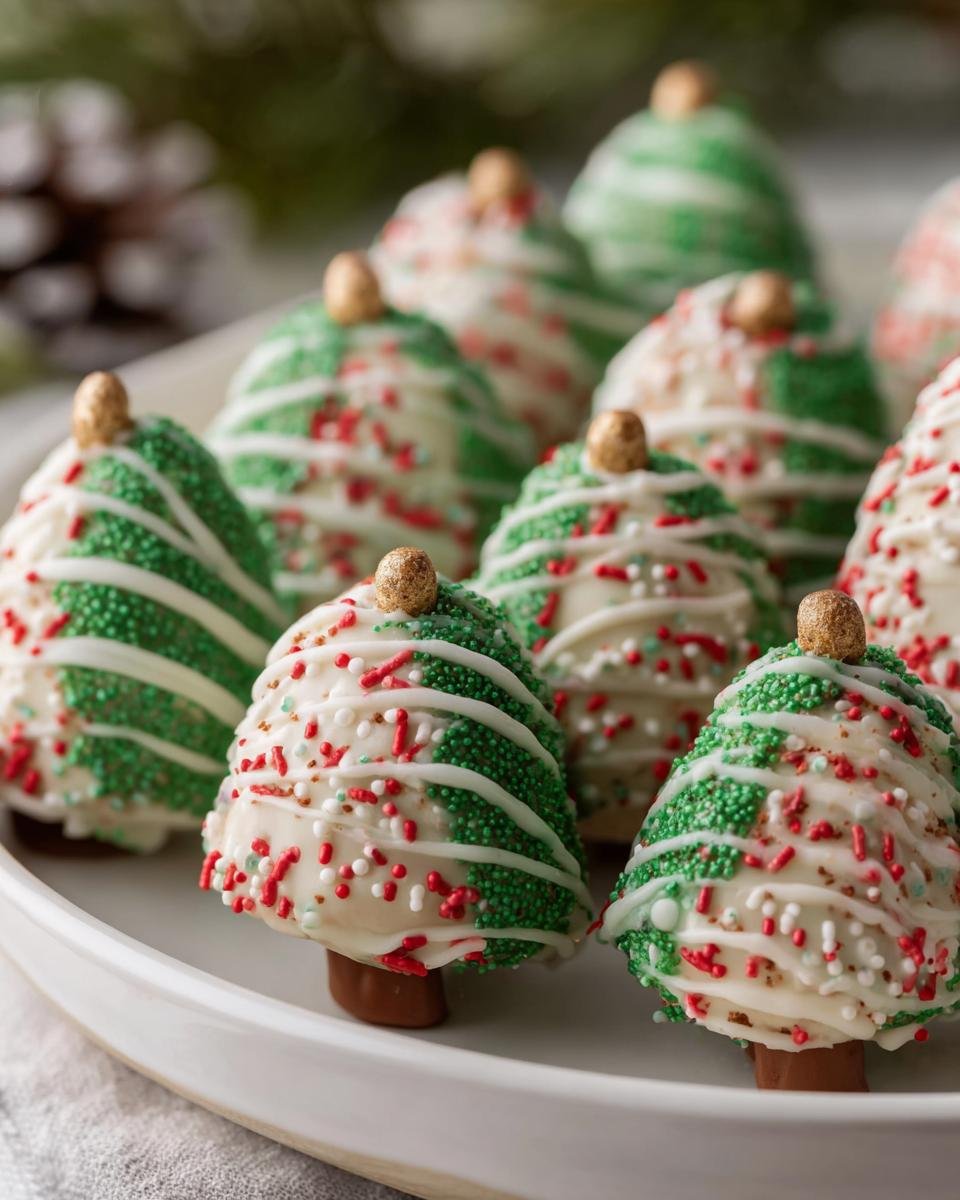 Close-up of festive Tree Cake Truffles decorated with white and green icing, and red sprinkles on a white plate.