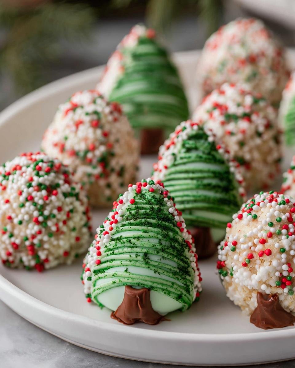 A plate of homemade Tree Cake Truffles, some decorated as Christmas trees with green icing and others with colorful sprinkles.