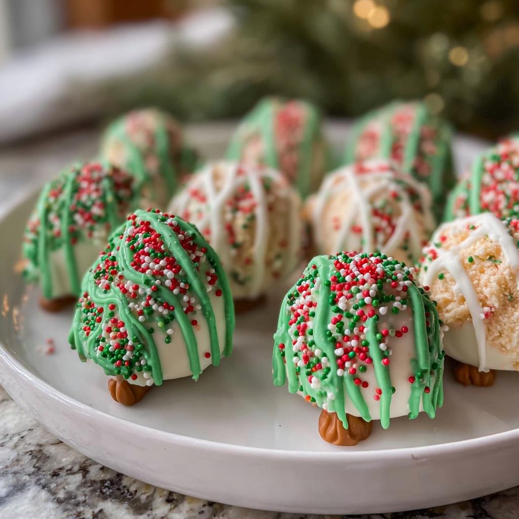 A plate of festive Tree Cake Truffles decorated with green drizzle and colorful sprinkles.