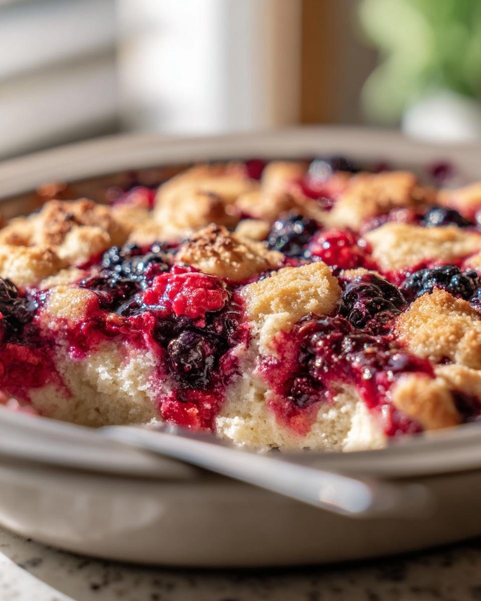 A close-up of a Triple Berry Bake with raspberries, blueberries, and blackberries, topped with a biscuit crust.