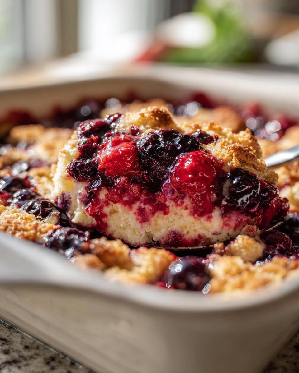 A spoonful of triple berry bake with a golden crust and juicy berries, ready to be served.