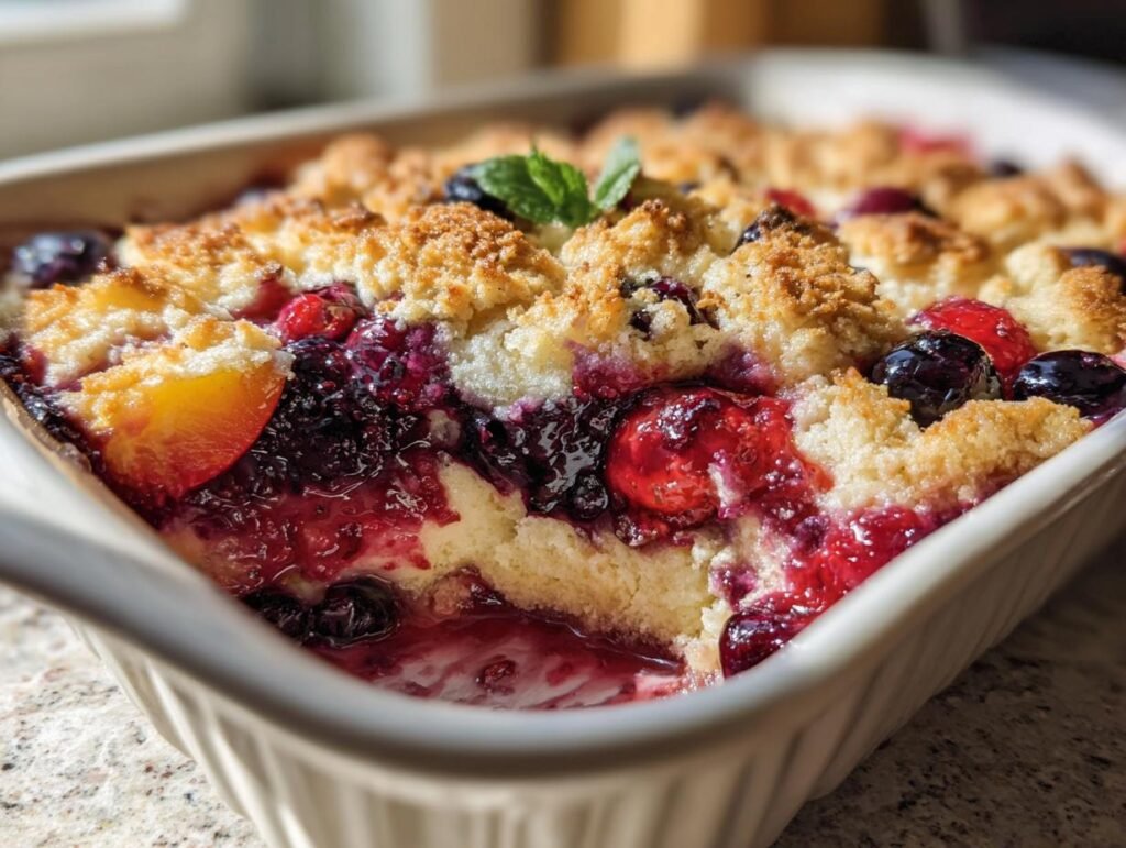 A delicious Triple Berry Bake in a white baking dish, featuring blueberries, raspberries, and blackberries with a crumble topping.