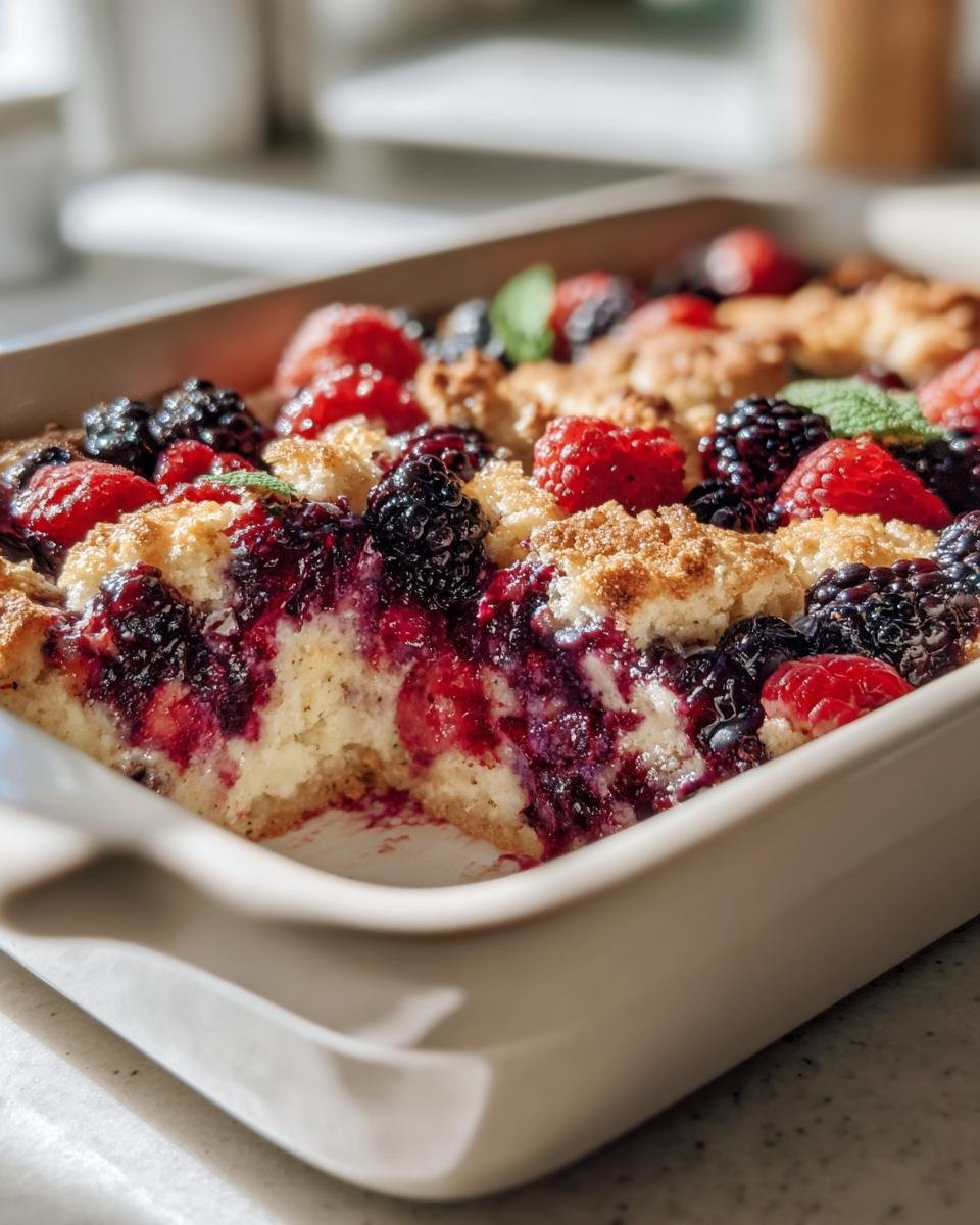 Close-up of a Triple Berry Bake in a baking dish, featuring raspberries, blackberries, and blueberries with a crumble topping.