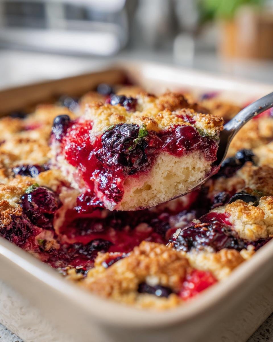 Spoon lifting a serving of Triple Berry Bake, showcasing the berries and crumbly topping.
