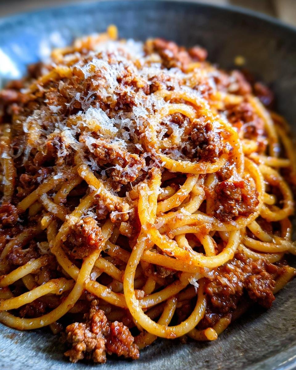 A serving of Turkey Bolognese, featuring pasta topped with a rich turkey meat sauce and grated cheese.