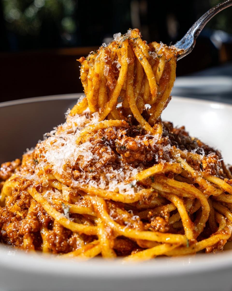 A fork lifts a portion of spaghetti with Turkey Bolognese sauce, topped with grated cheese.