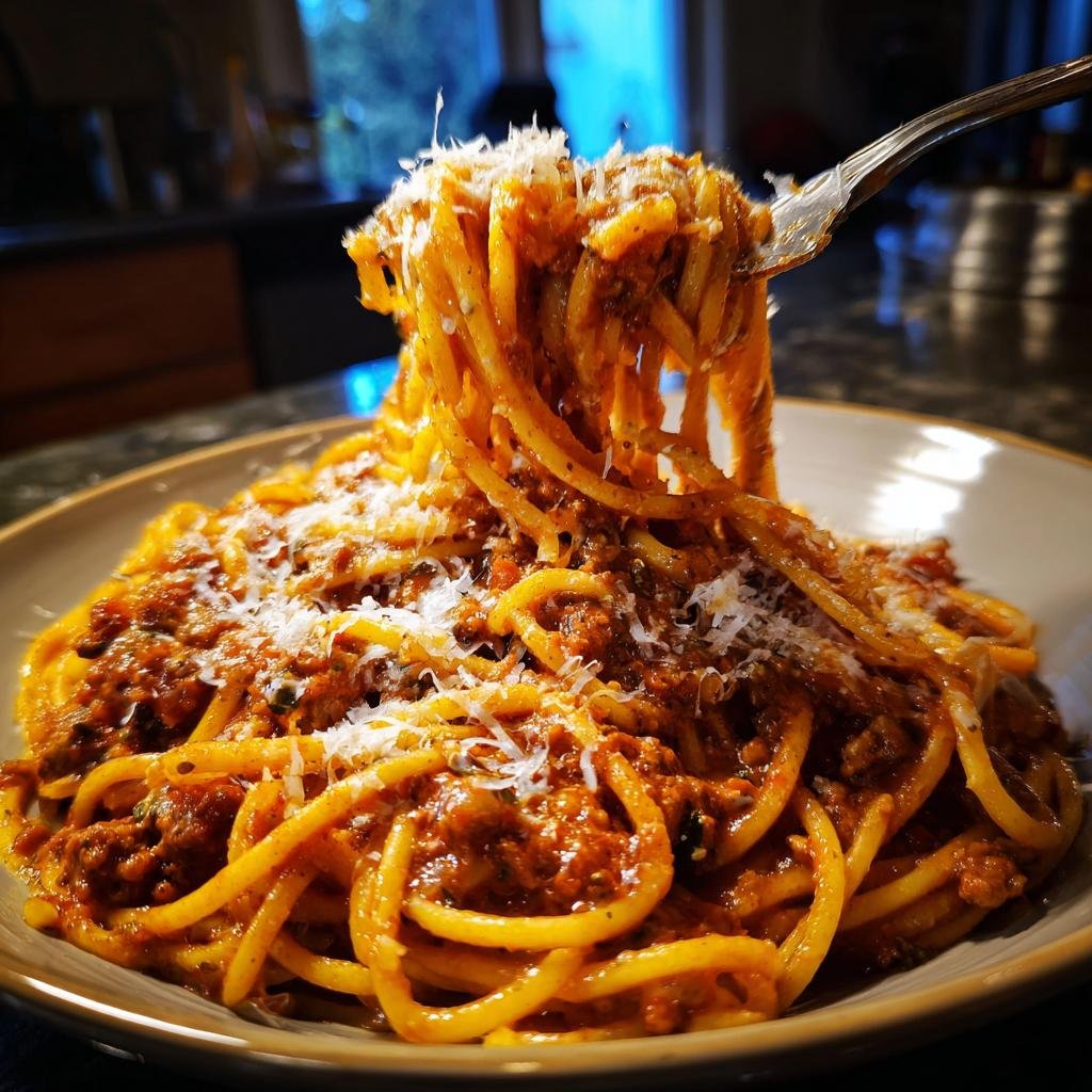 A plate of spaghetti with Turkey Bolognese sauce, topped with grated Parmesan cheese and some on a fork.