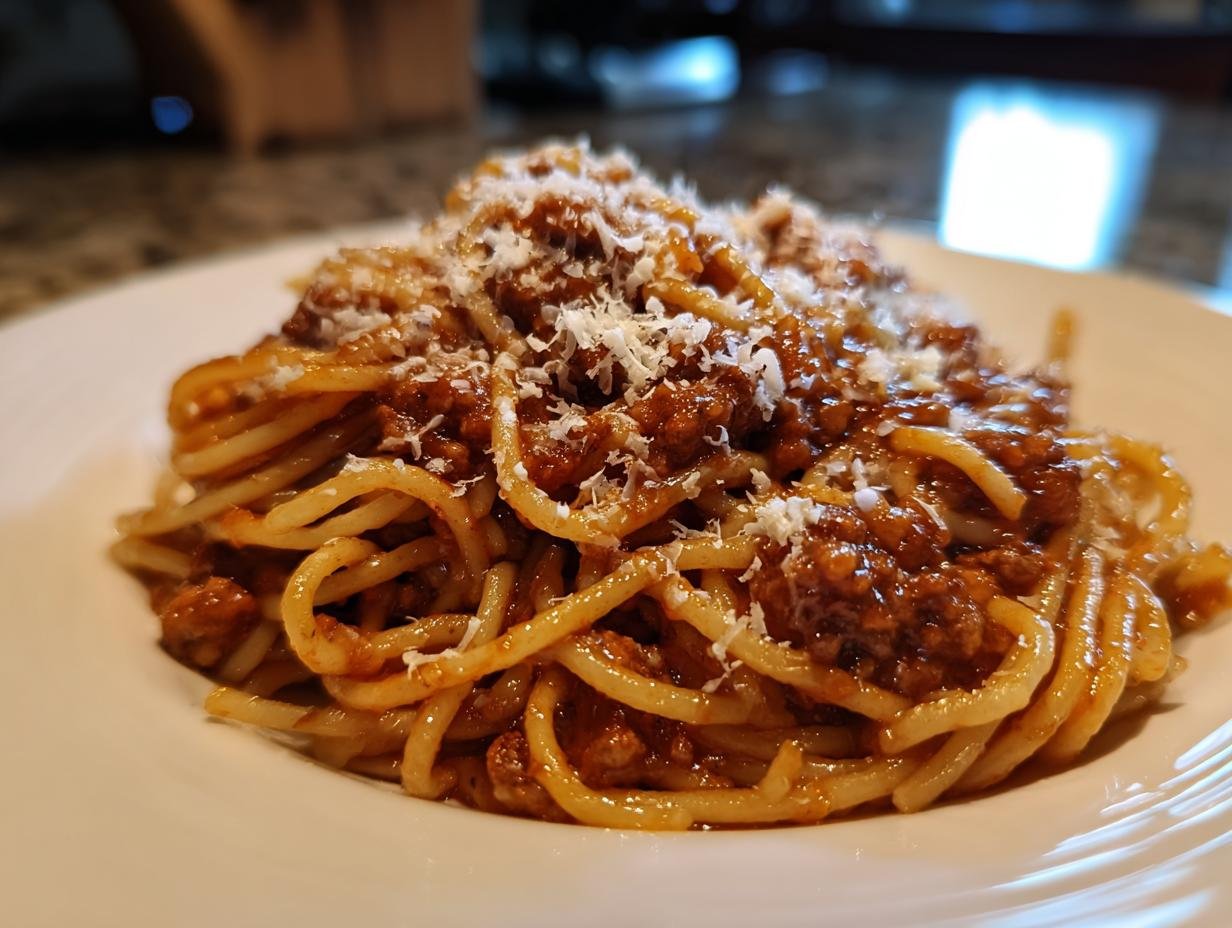 A plate of spaghetti topped with a rich Turkey Bolognese sauce and grated cheese.