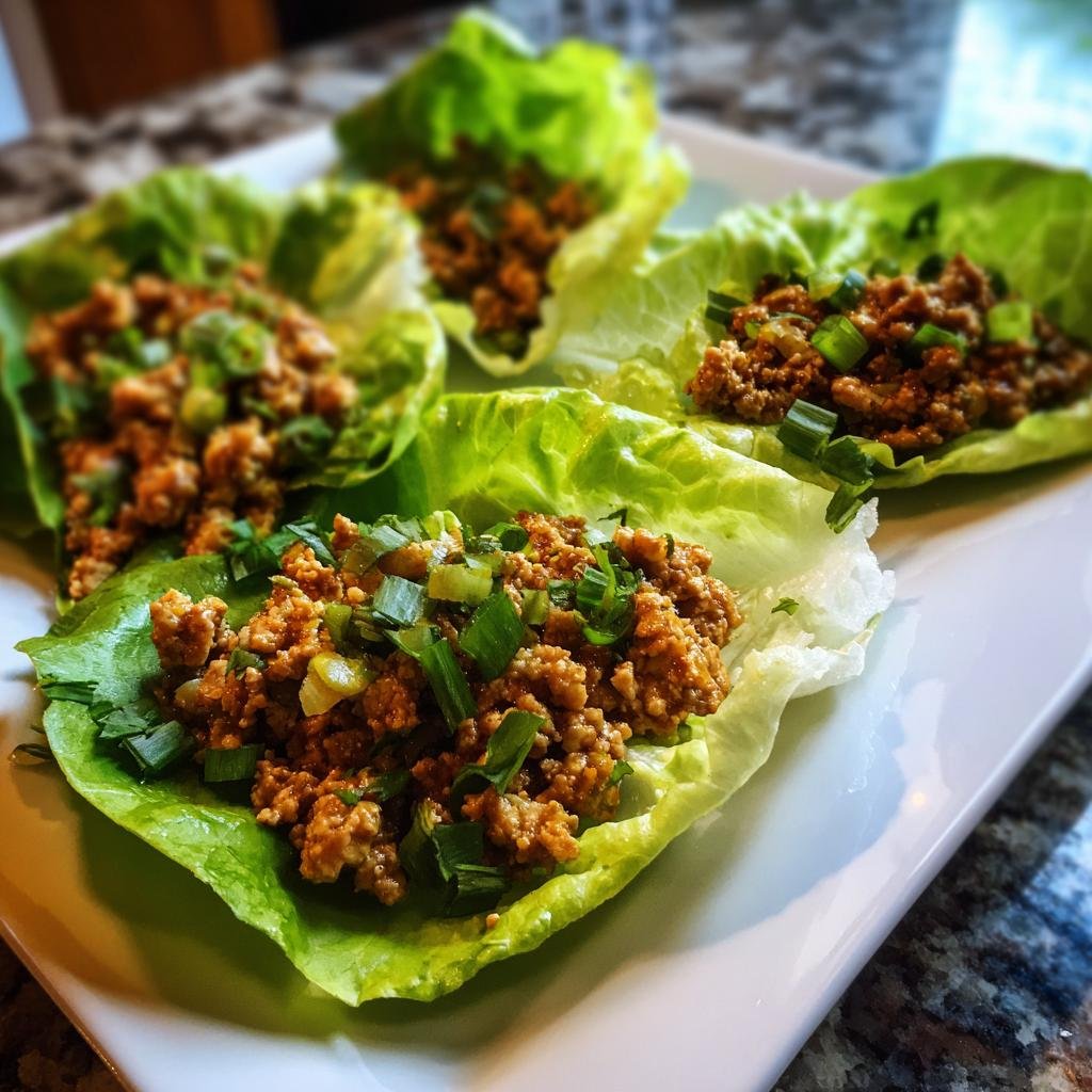 Four Turkey Lettuce Wraps (PF-Style) on a white plate, filled with seasoned ground turkey and garnished with green onions.