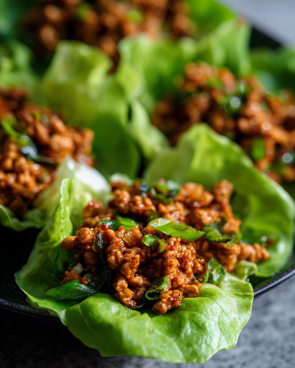 Close-up of Turkey Lettuce Wraps (PF-Style) with seasoned ground turkey and green onions in crisp lettuce cups.