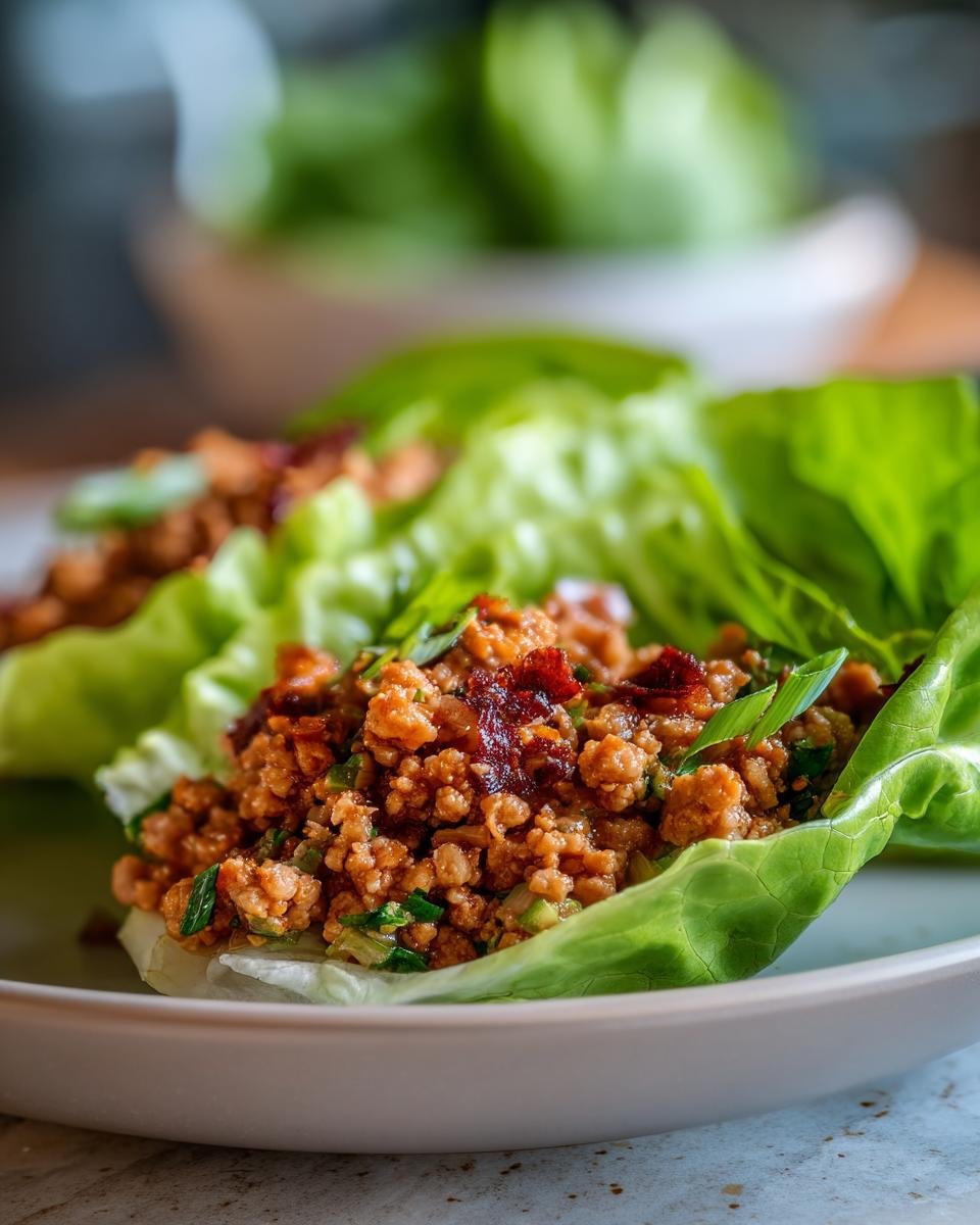 Close-up of Turkey Lettuce Wraps (PF-Style) on a plate, filled with seasoned ground turkey and garnished with herbs.