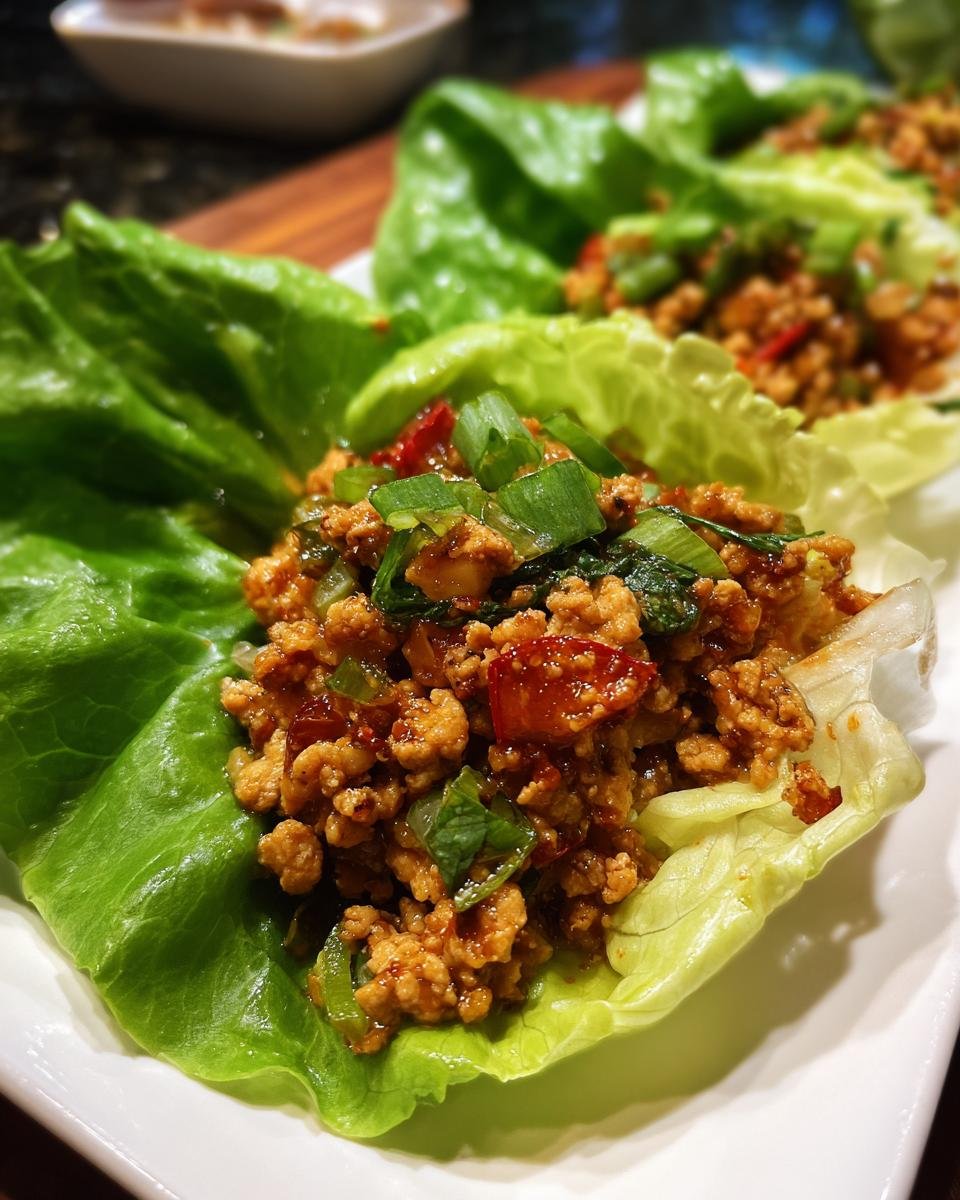 Close-up of Turkey Lettuce Wraps (PF-Style) with seasoned ground turkey and green onions in crisp lettuce cups.