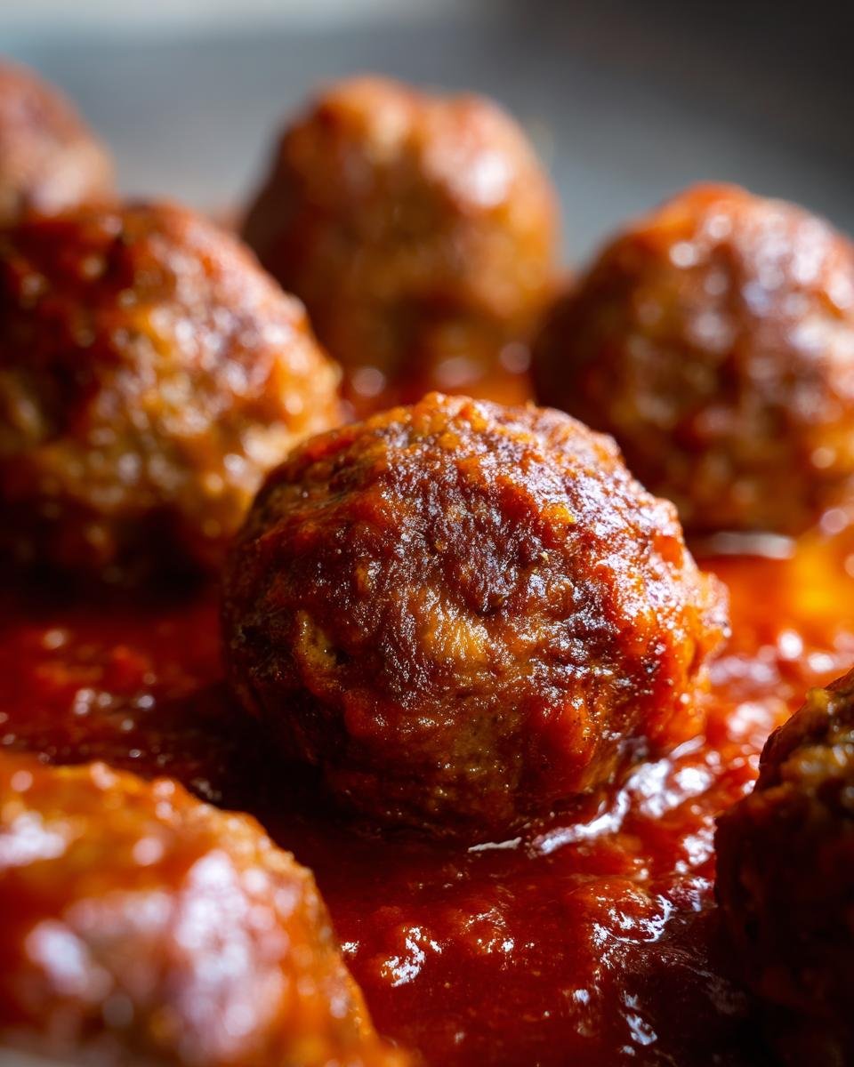 Close-up of delicious Turkey Meatballs In Marinara sauce, showcasing their texture and rich color.