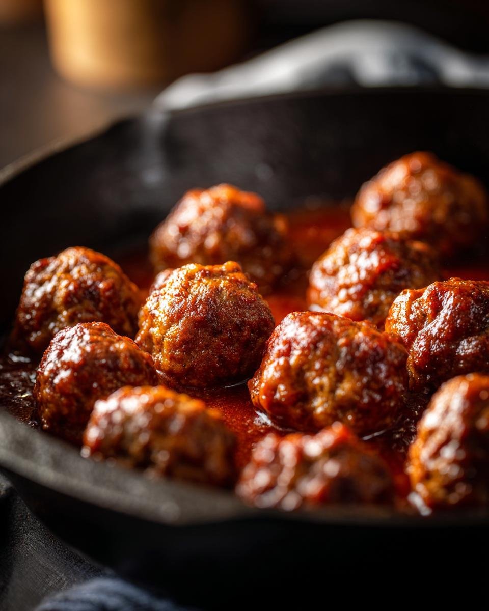 Close-up of delicious Turkey Meatballs In Marinara sauce, served in a cast iron pan.