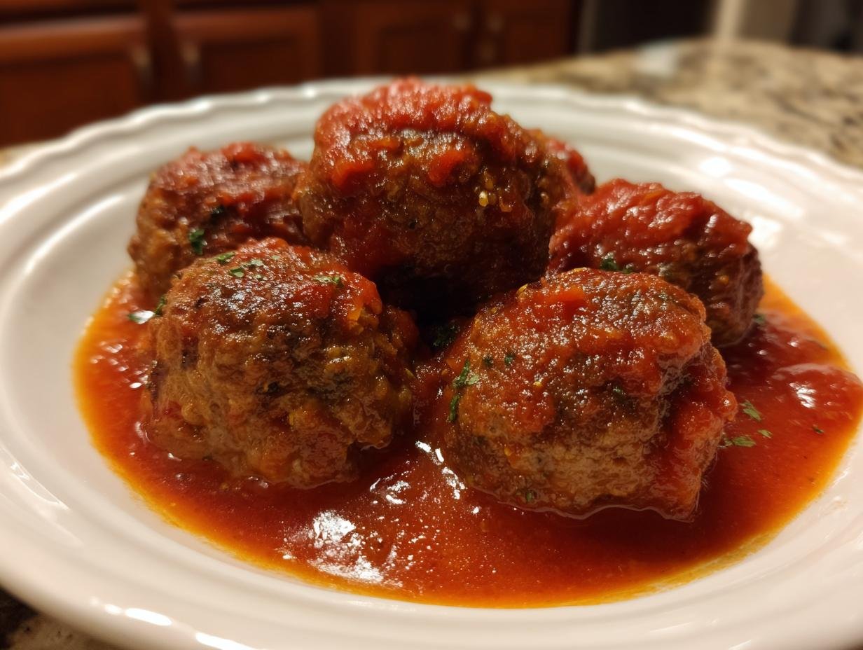A plate of juicy Turkey Meatballs In Marinara sauce, garnished with herbs, ready to be served.