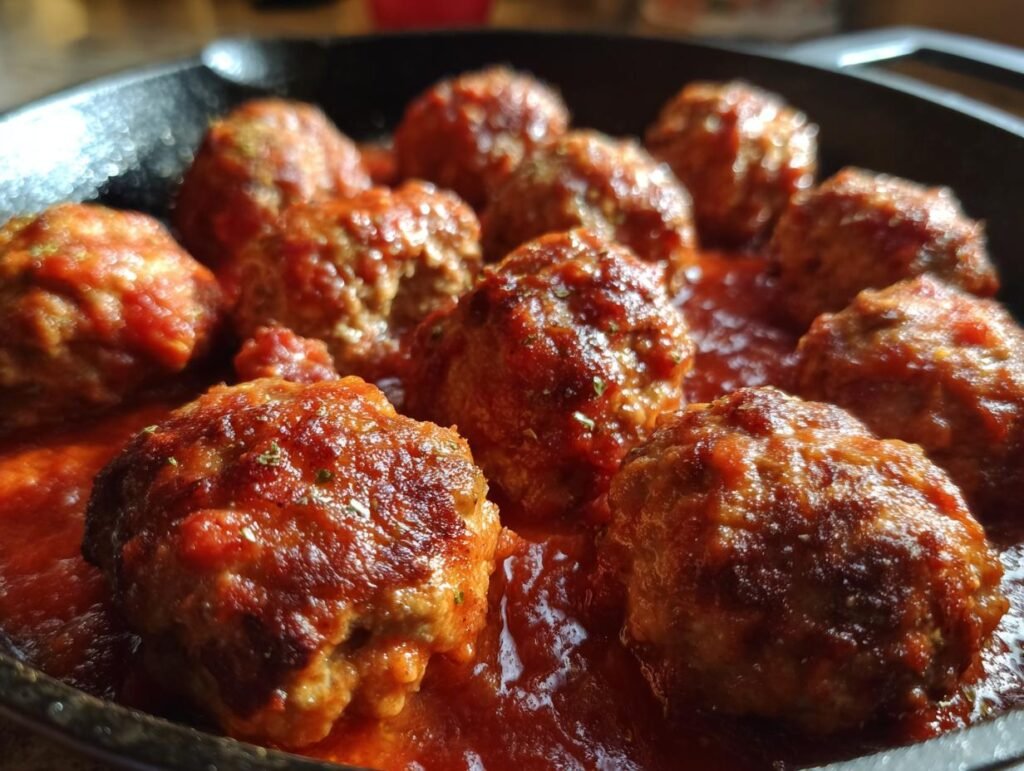 Close-up of delicious Turkey Meatballs In Marinara sauce in a cast iron skillet.