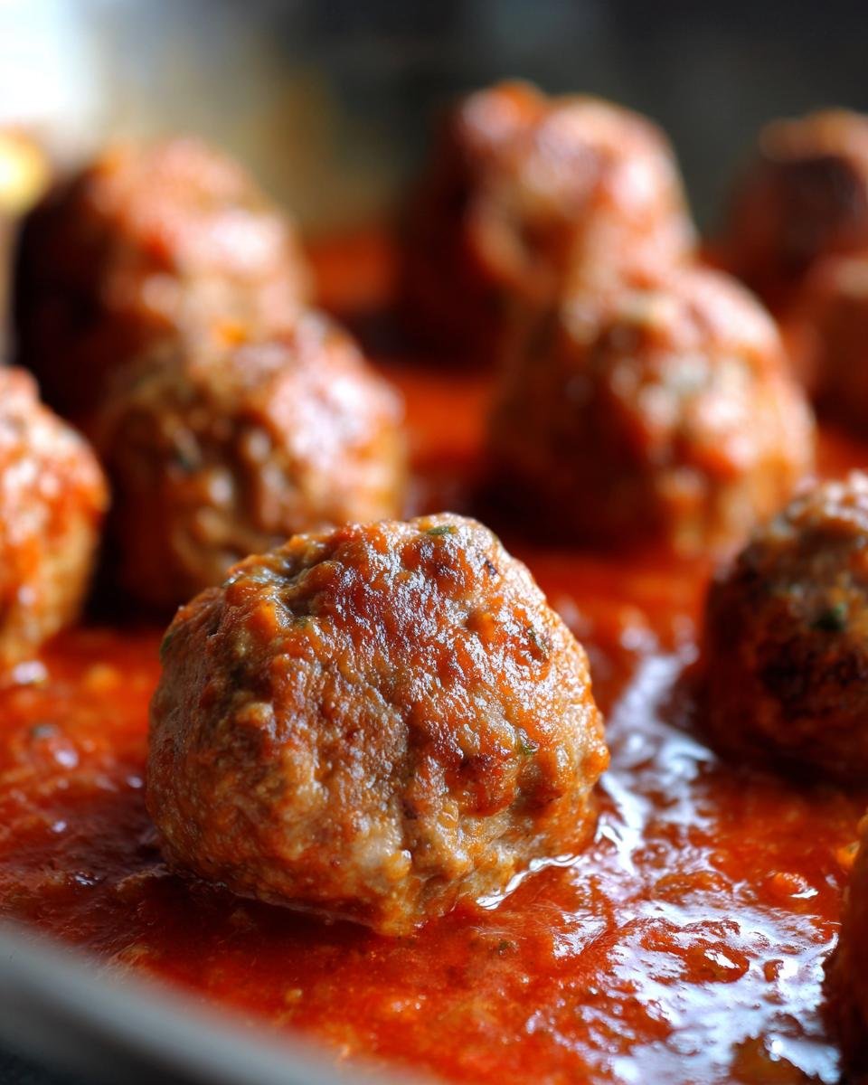 Close-up of delicious Turkey Meatballs In Marinara sauce, showcasing the texture and rich color.