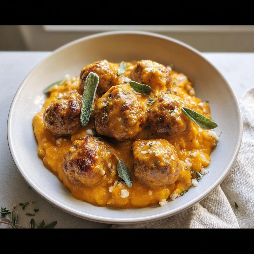 A bowl of delicious Turkey Meatballs in Pumpkin Sauce, garnished with fresh sage.