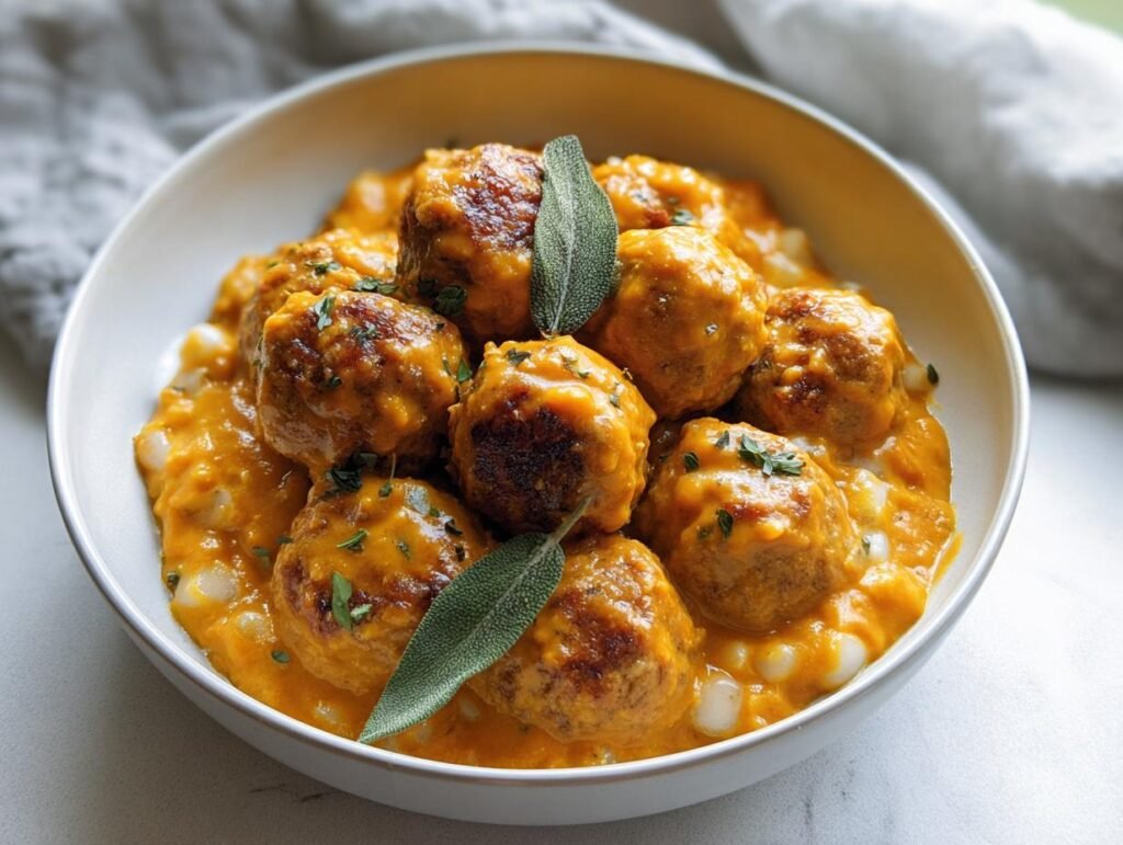 A bowl of delicious Turkey Meatballs in Pumpkin Sauce, garnished with fresh sage and herbs.
