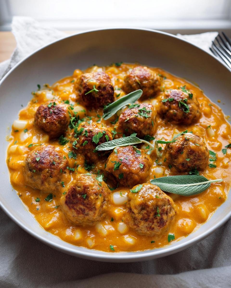 Bowl of Turkey Meatballs in Pumpkin Sauce, garnished with sage and parsley.