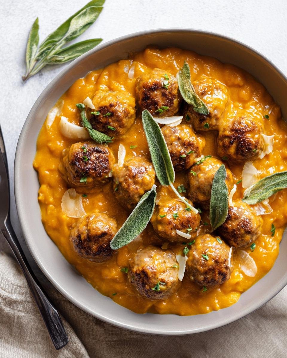Overhead shot of Turkey Meatballs in Pumpkin Sauce in a bowl, garnished with sage and parmesan.