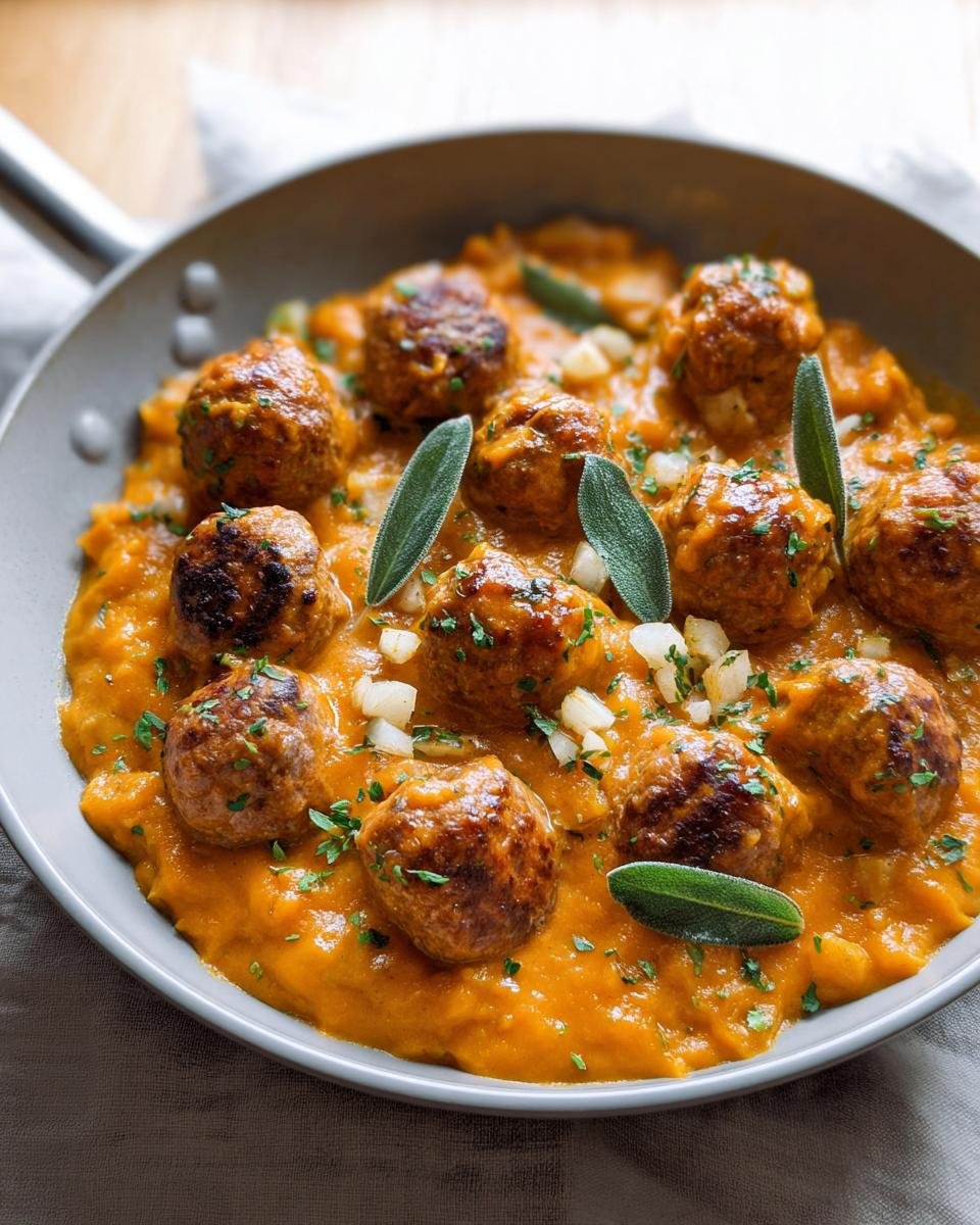 Close-up of Turkey Meatballs in Pumpkin Sauce, garnished with sage and herbs, served in a skillet.