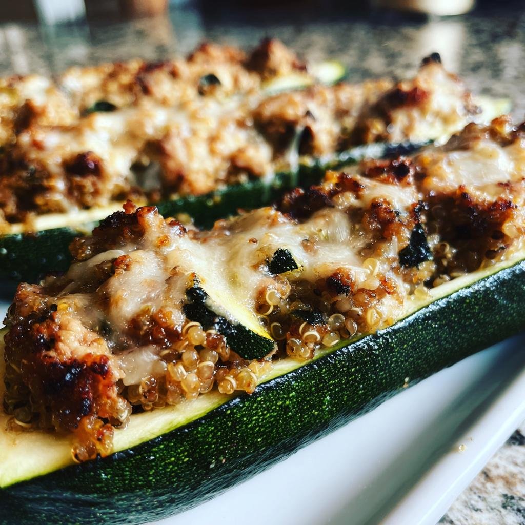 Close-up of Turkey & Quinoa Stuffed Zucchini Boats, topped with melted cheese, on a white plate.