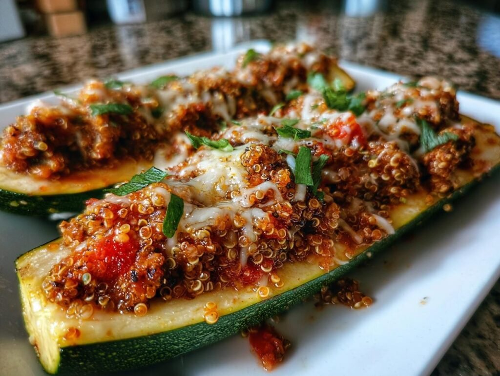 Close-up of Turkey & Quinoa Stuffed Zucchini Boats topped with cheese and herbs on a white plate.