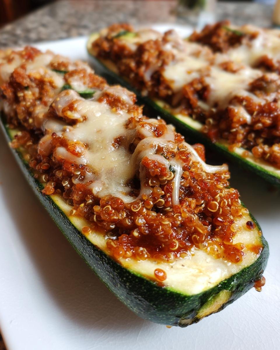 Two Turkey & Quinoa Stuffed Zucchini Boats topped with melted cheese on a white plate.