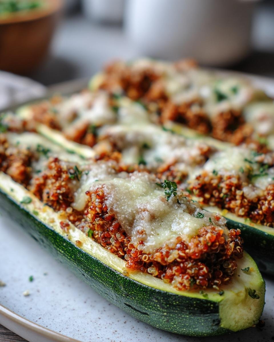 Two Turkey & Quinoa Stuffed Zucchini Boats topped with melted cheese and herbs on a plate.
