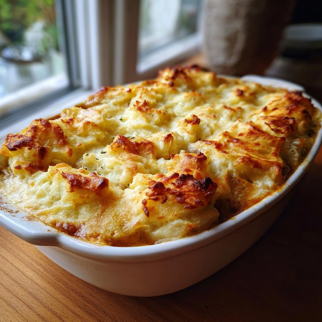 Delicious Turkey Shepherd’s Pie (Light Mash) in a white baking dish, golden-brown topping.