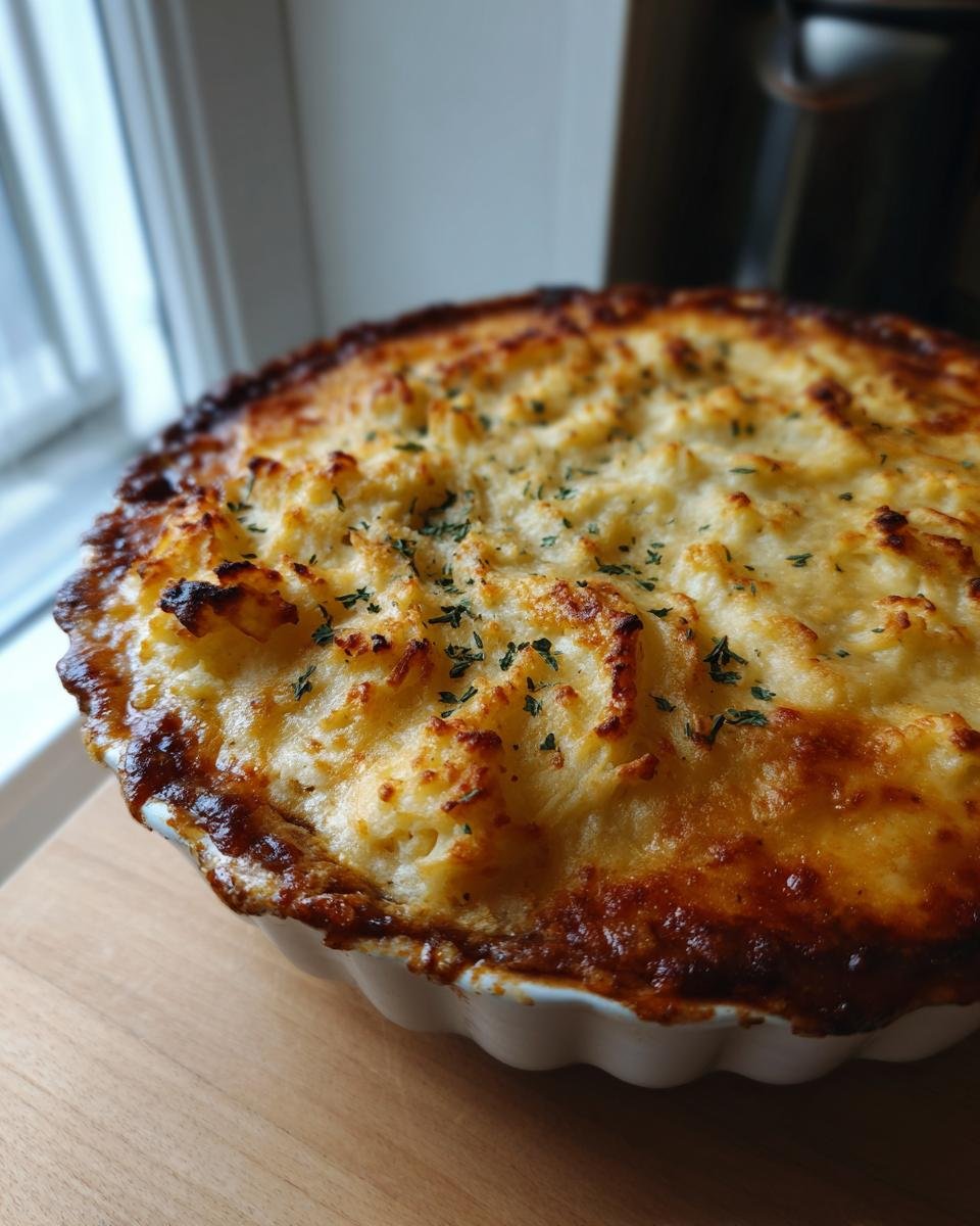 Close-up of a golden brown Turkey Shepherd’s Pie (Light Mash) in a white pie dish, garnished with herbs.