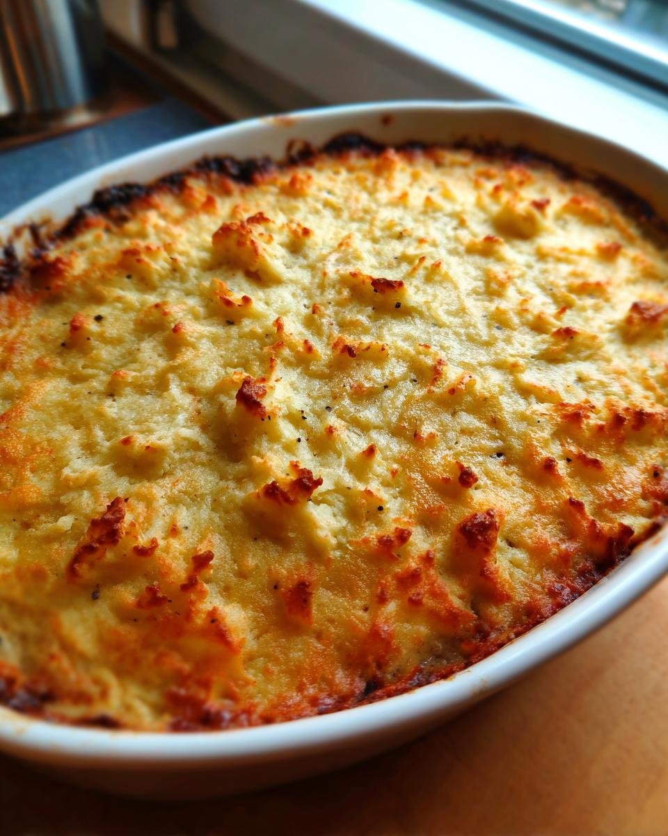 Close-up of a golden brown Turkey Shepherd’s Pie (Light Mash) in a white baking dish.
