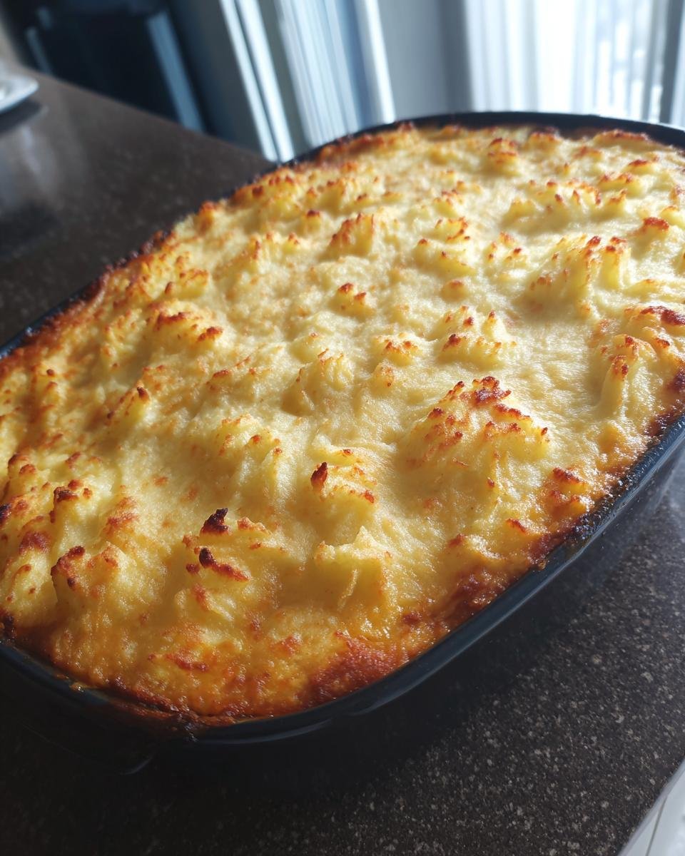 Overhead view of a freshly baked Turkey Shepherd’s Pie with a light, golden-brown mashed potato topping.