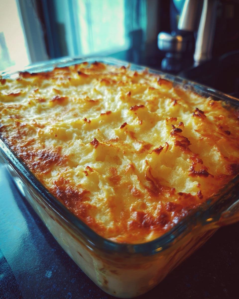 A freshly baked Turkey Shepherd’s Pie (Light Mash) in a glass baking dish, showing the golden-brown mashed topping.